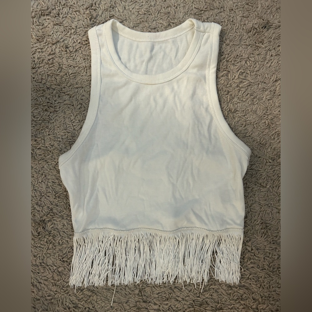 Fringe Hem White Tank Top